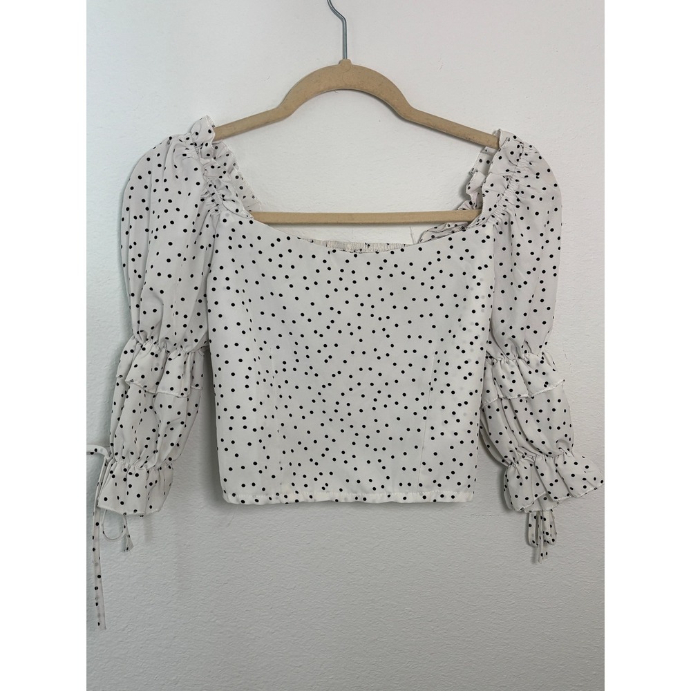 Mengsi Polka Dot Puff Sleeve Smocked Back Crop Top White Black Medium